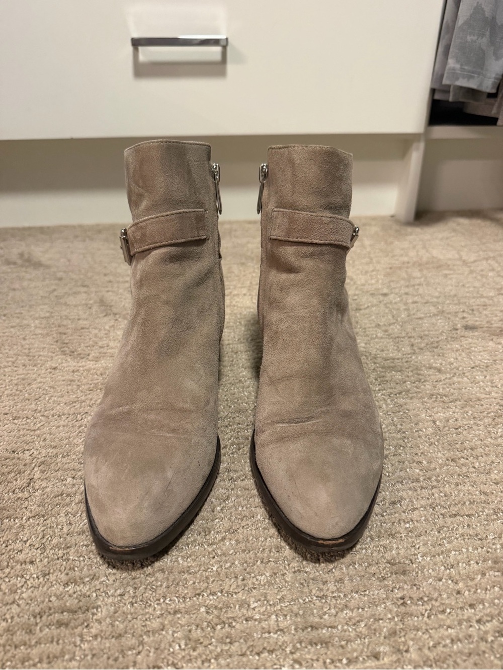 Sam Edelman Taupe Suede Ankle Booties with Buckle Accent